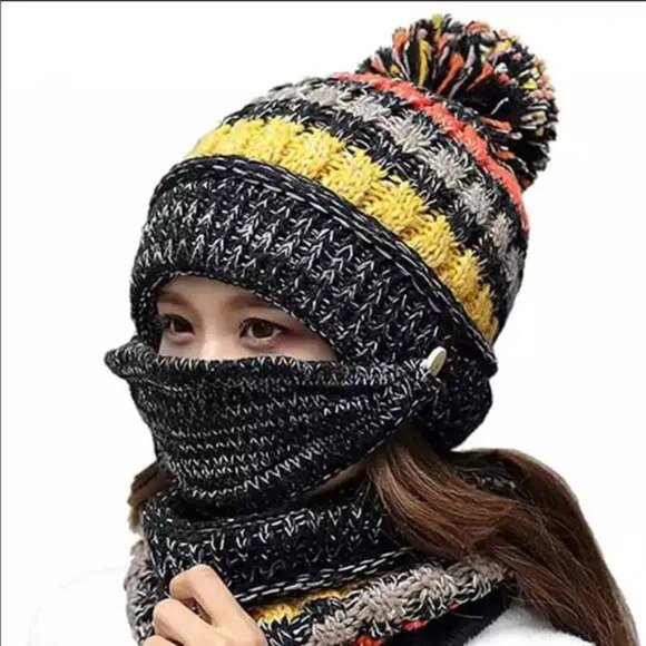 Black Winter Hat + Face Mask + Scarf